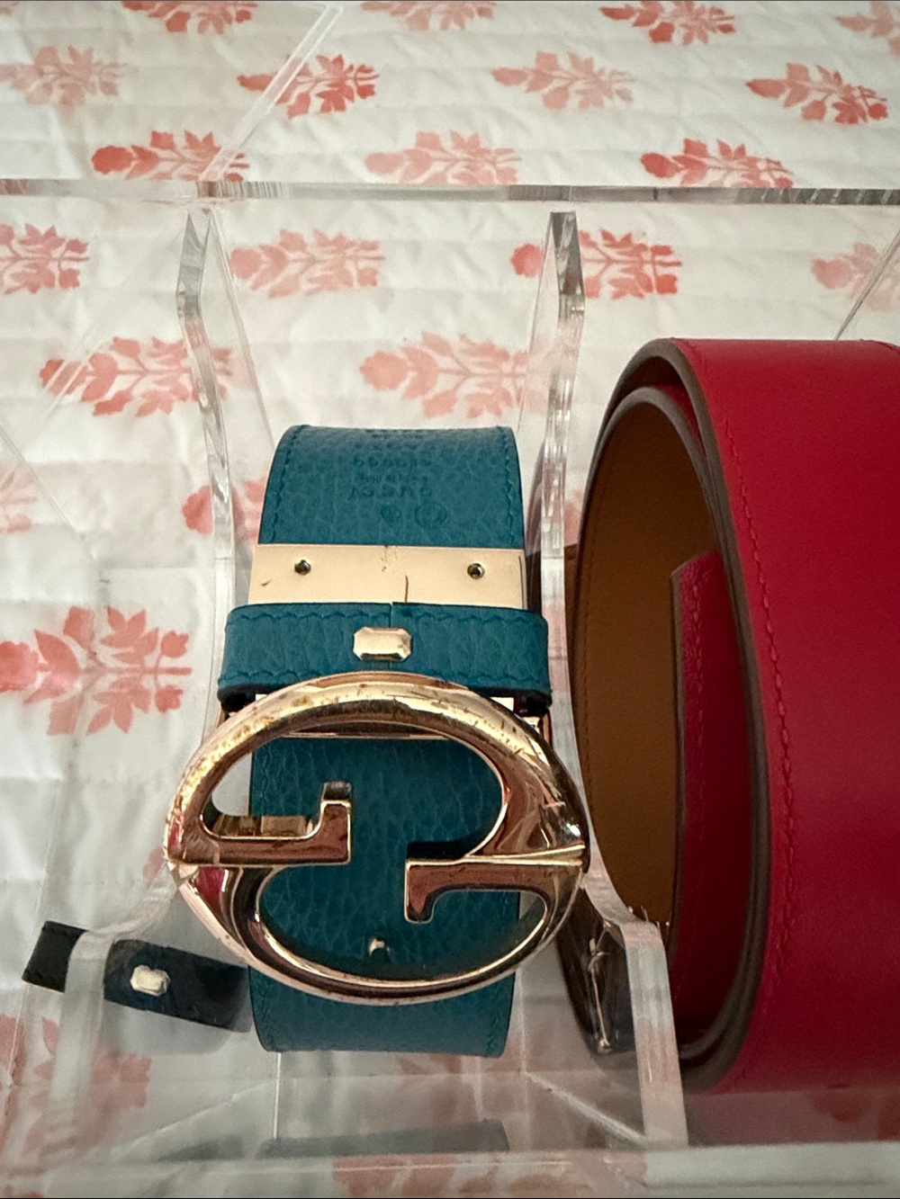 Gucci Teal Leather Women's Watch with Gold Interlocking G Buckle